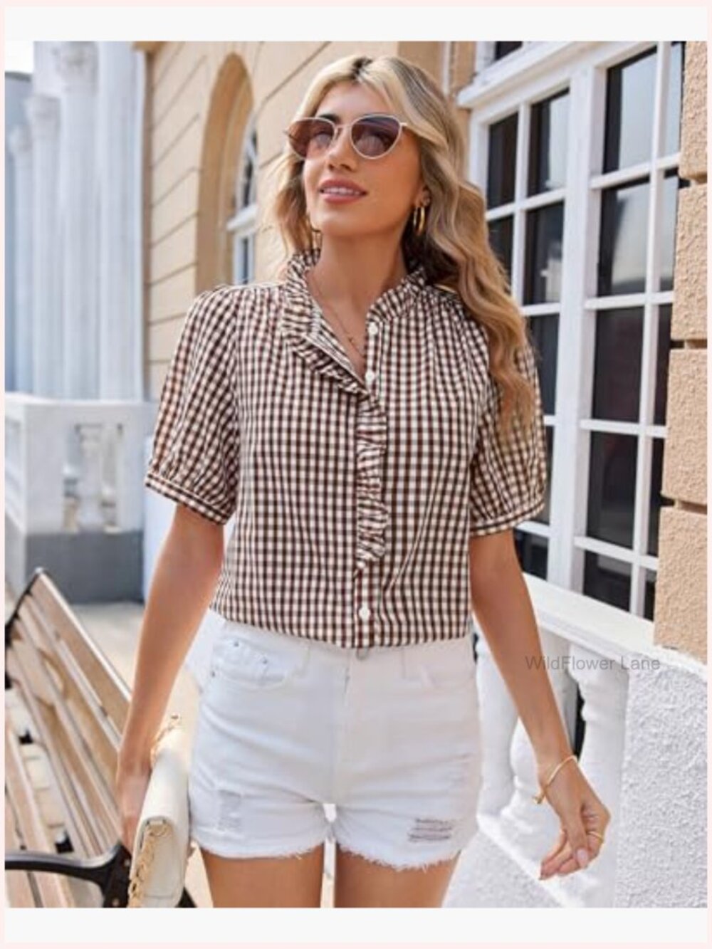 Women's Plaid Short Sleeve Button Down Ruffle V-Neck Blouse - Picture 2 of 6
